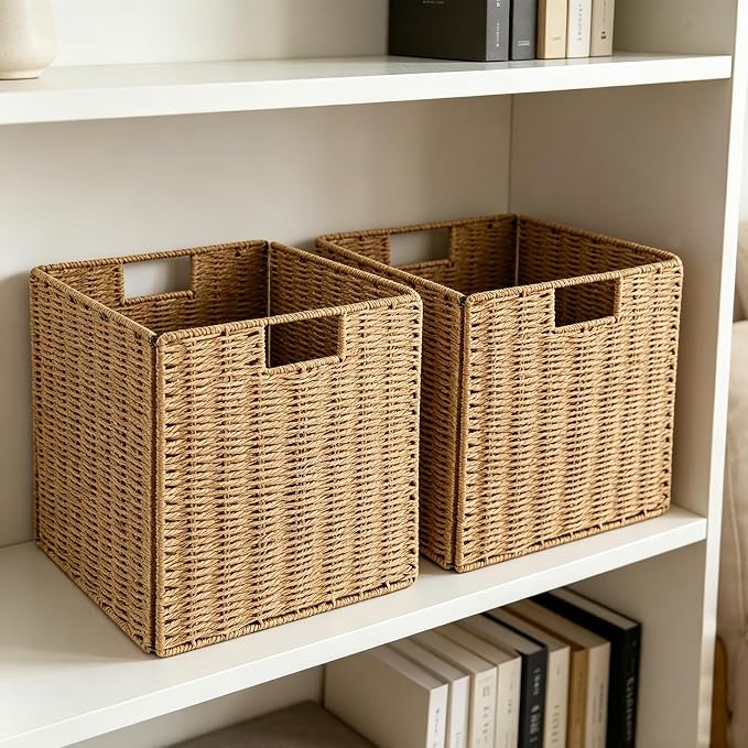 Wicker Storage Basket, Set of 2 Hand-Woven Wicker Basket, 11 inch Storage Baskets for Organizing and Decor, Foldable Cube Storage Organizer Bins Baskets for Shelves, Woven Basket, Natural - Image 8
