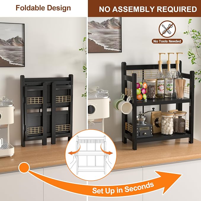 No-Assembly Coffee Bar Organizer, 2-Tier Coffee Station Shelf | Foldable Oak Wood Shelf, Coffee Station Accessories Storage for Syrup & Pods, 3 Hooks for Mugs, Kitchen Spice Rack, Black - Image 2