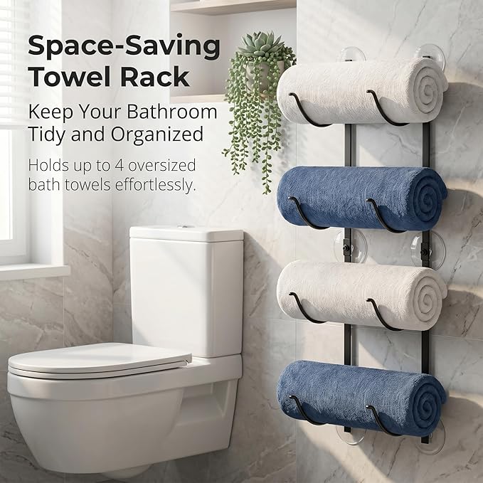 4-Tier Bathroom Rolled Towel Rack Wall Mounted Towel Storage Holder, Adhesive & Drill Hanging Organizer for Towels, Blankets, Large Bath Sheets, Space Saving in RV, Apartment Friendly - Image 4