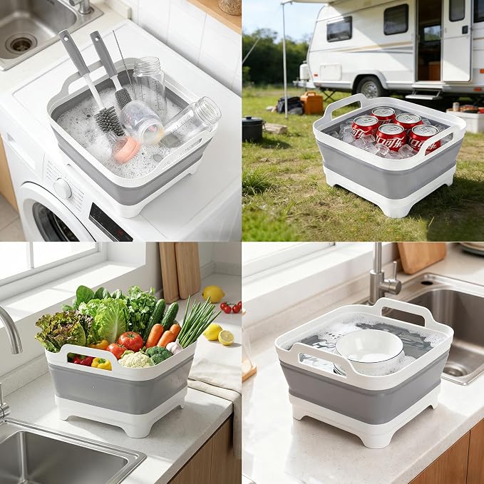 Volnamal Collapsible Wash Basin with Drying Rack & Drain Plug, Gray | Portable 2.4 Gal Dish Tub, Foldable Basin for Baby Bottle, Vegetable, Camping Sink, Kitchen, RV, Camp, Outdoor Space-Saving - Image 7
