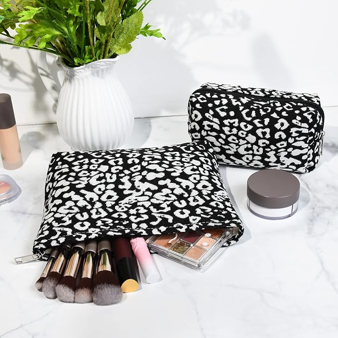 SOIDRAM 2 Pieces Leopard Print Makeup Bag Large Cosmetic Bag Capacity Canvas Mix Travel Toiletry Bag Organizer Cute Makeup Brushes Aesthetic Accessories Storage Bag for Women, Leopard Print Mix Black - Image 5