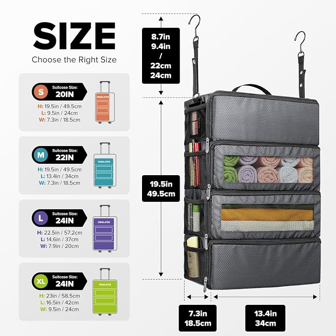Suitcase Organizer - Travel Luggage Hanging Shelves Packing Cube Closet/Collapsible Portable Travel Organizer for Carry-on, Medium, Dark Grey - Image 2