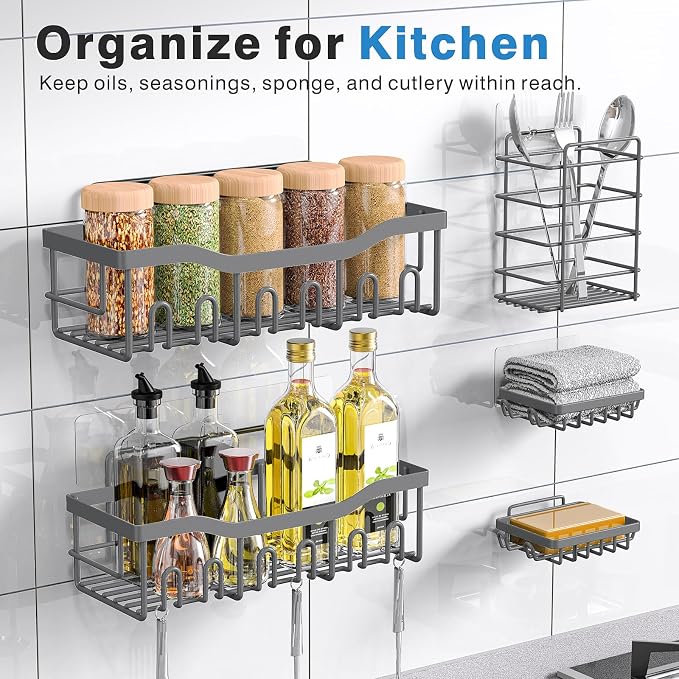 Shower Caddy 5 Pack,Adhesive Shower Organizer for Bathroom Storage&Home Decor&Kitchen,No Drilling,Large Capacity,Rustproof Stainless Steel Bathroom Organizer,Shower Shelves for Inside Shower-Larger - Image 6