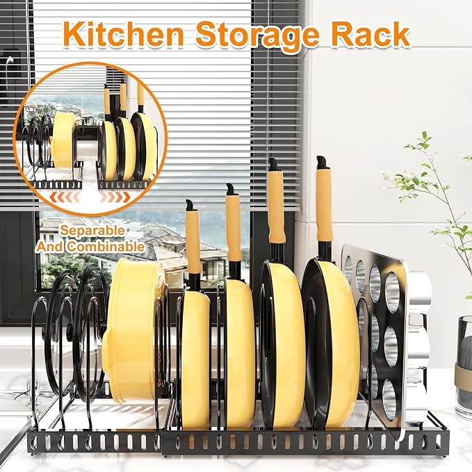 Pot and Pan Organizer Rack for Cabinet & Countertop, 3‑Tier Expandable Holder with 12 Adjustable Compartments, Kitchen Storage for Pan Lid, Cutting Board, Cookware & Bakeware, Black - Image 2