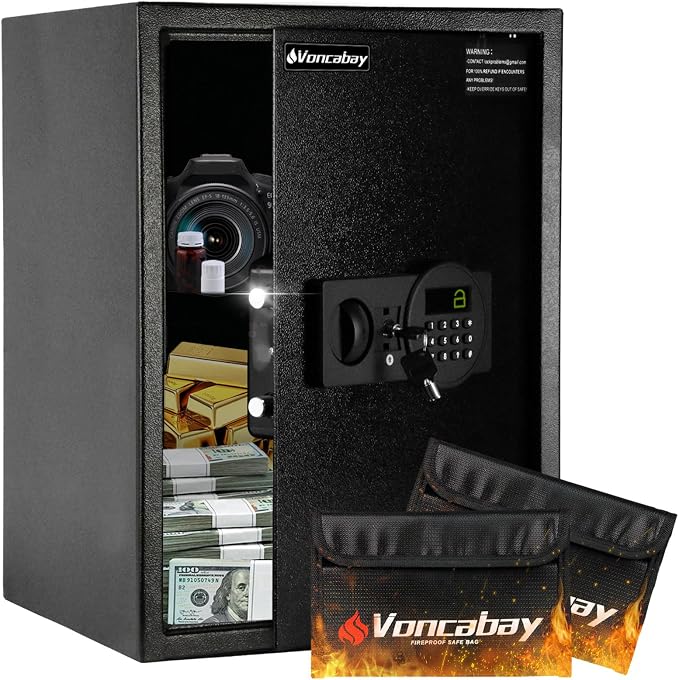Voncabay Money Safe Box for Home with Digital Keypad, 2.2 Cu. Ft., Black | Alloy Steel, 2 Fireproof Bags, Digital Keypad with Display, Removable Shelf, Fits A4, 13.1 x 19.7 x 13.8 In. by Voncabay