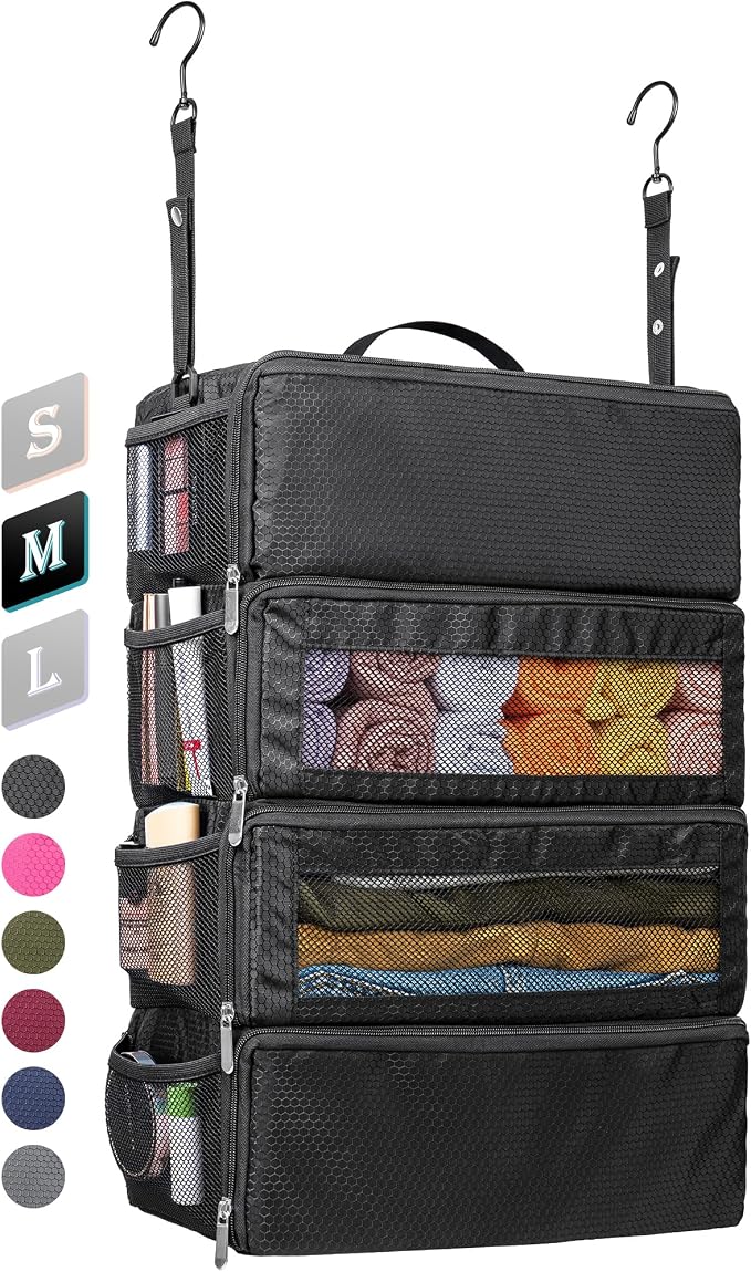 Vokelater Suitcase Organizer - Travel Luggage Organizer with Hanging Shelves & Packing Cubes - Collapsible, Portable, Carry-on, Medium, Black by Vokelater