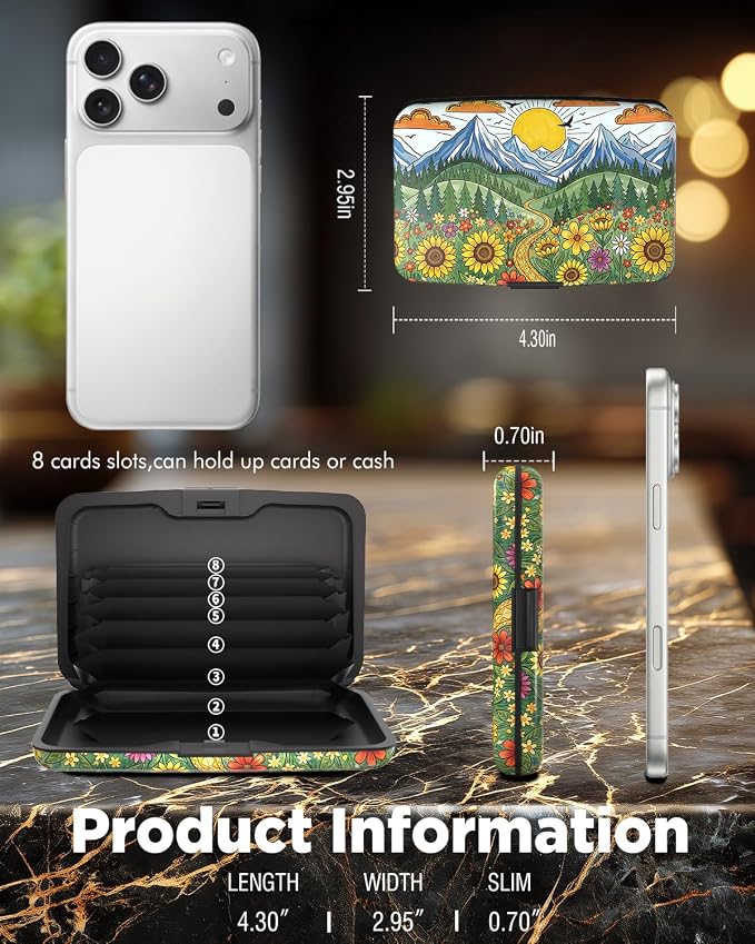 Maicican RFID Blocking Aluminum Credit Card Holder | Slim Metal Wallet for Women & Men, Business Card Case for Travel, Fits Front Pocket, Card holder wallet - Sunflower Mountain - Image 6