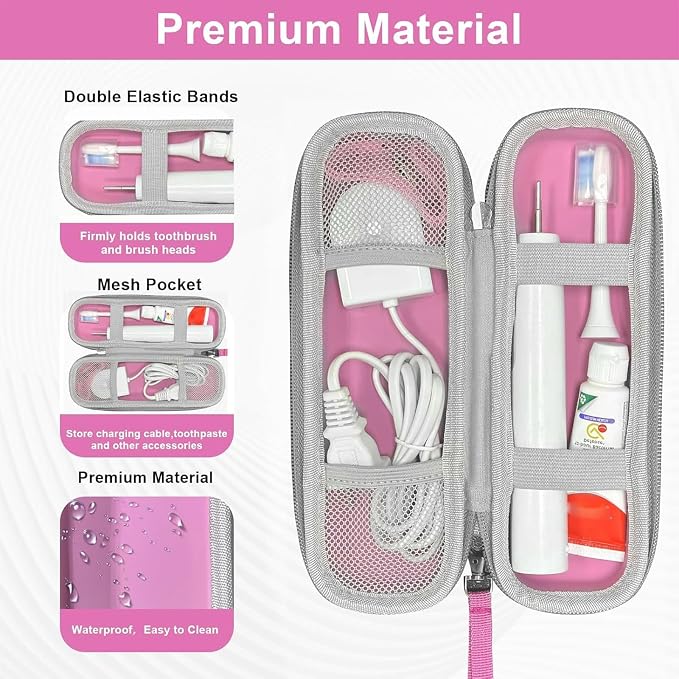 Toothbrush Travel Case for Oral B/Oral-B Pro 1000 1500 5000 7000 7500 6000 9600/ Phlips Sonicare 4100 5100 1100 6100 5300 Electric Toothbrush, Portable Hard Protective Storage Bag (Pink) - Image 3