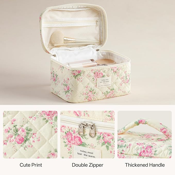 HBselect Quilted Makeup Bag, 3Pcs Cotton Large Travel Makeup Bags Organizer | Cute Floral Make up Bag Cosmetic Bag Toiletry Bag for Women Girls, Makeup Pouch for Skincare, Brushes & Travel Essentials - Image 2