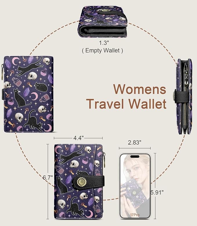Goth Black Cat Wallet Women RFID Skull Passport Credit Card Holder | 6.7" x 4.4" x 1.3" Bifold, Travel billfold, Zipper Pocket, PU Leather, Clutch, Purse, ID Window, Pen Holder, Gift Ladies Girl - Image 5