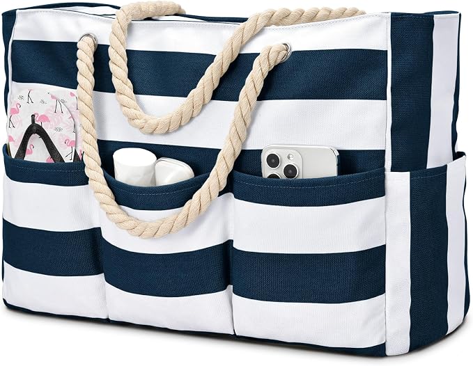 Becokan Beach Bags for Women Canvas Large Beach Tote Bag Zipper Waterproof Sandproof Foldable Swim Pool Bag with 7 Pockets by BecokanBeachBagSpecialist