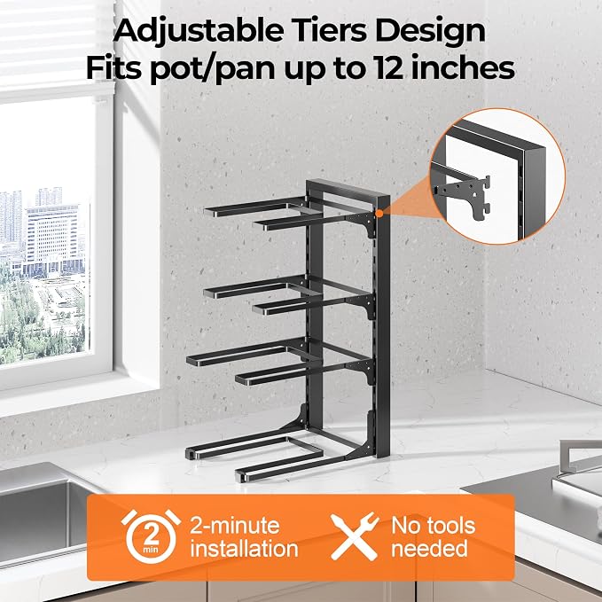MUDEELA Pot and Pan Organizer Under Cabinet 15.75", 4-Tier Pot Rack, 2 Pack | Adjustable Tier, Tool-Free Assembly, Max 88 Lbs, Fits Cast Iron Pans, Skillets & Heavy Shallow Cookware, For Kitchen Cabinets - Image 4