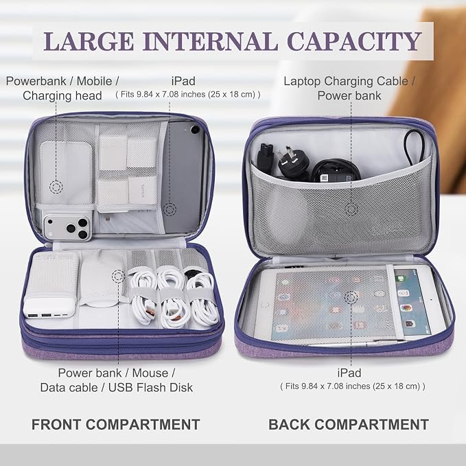 FYY Electronic Organizer, Travel Tech Pouch Bag, Extra Large, Dark Purple | Wrist Strap, Waterproof, Double Layers Electronics Travel Case for iPad, Cord, Laptop Charger, Daily and Business Trips Use - Image 3