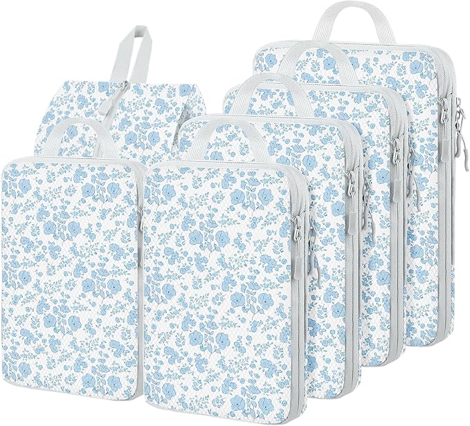 6 Set Compression Packing Cubes, Suitcase Organizer, Lightweight Travel Essentials, Compression Bags For Travel Accessories Luggage Storage Set (6Pcs, Blue floral) by Unknown