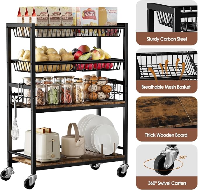 Fruit Vegetable Storage Cart, 4 Detachable Basket | 4-Tier Kitchen Rolling Storage Cart, Fruit & Vegetables Stand, Snack Organizer for Kitchen, Bathroom, Living Room - Image 6