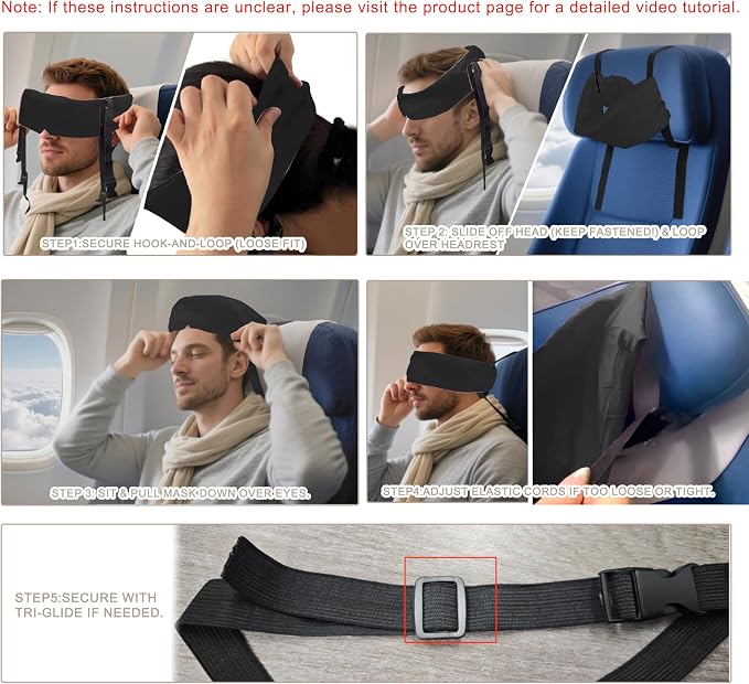 Travel Pillows for Airplanes, Airplane Head Strap with Silk Eye Mask for Sleeping, Long Flights & Car Road Trips 360°Headrest Neck Support, Stops Bobbing, Small & Compact（Black） - Image 7