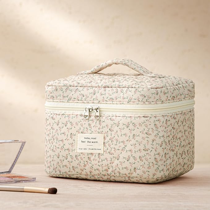 HBselect Quilted Makeup Bag, 3Pcs Cotton Large Travel Makeup Bags Organizer | Cute Floral Make up Bag Cosmetic Bag Toiletry Bag for Women Girls, Makeup Pouch for Skincare, Brushes & Travel Essentials - Image 6