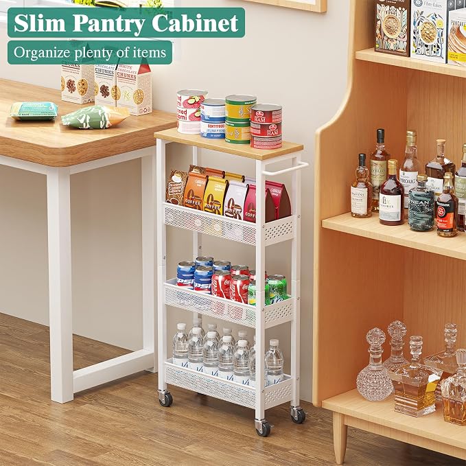Slim Rolling Storage Cart 4 Tier Bathroom Organizer Mobile Shelving Unit Utility Cart with Wood Top and Handle for Kitchen Laundry Narrow Places, White - Image 4
