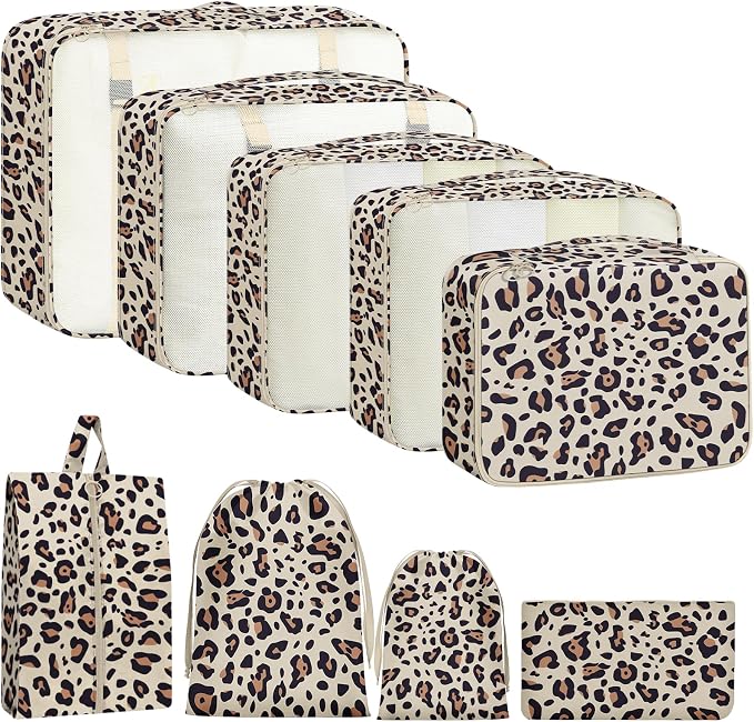9 Set Packing Cubes for Travel Essentials - Lightweight Carry-On Luggage Organizer Bags with Shoe, Clothes & Laundry Bags for Airplane, Family & Business Travel, Leopard print by Unknown