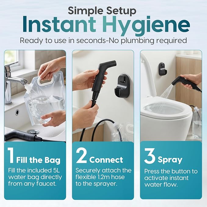 Portable Bidet Sprayer & 5L Water Bag – Rechargeable Travel Bidet, 2-Speed Flow Control, IPX6 Waterproof, 1.2m Hose & USB-C Charging – Perfect for Road Trips, Camping, RV Living & Postpartum Care! - Image 5
