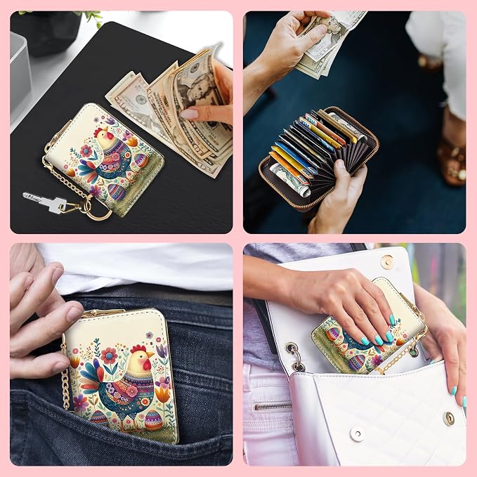 Blusabaca RFID Credit Card Holder Small Women Travel Wallet, Chicken Eggs | Removable Keychain, Case with Zipper, Vegan PU Leather, Cash Coin Pocket, Business Accordion Purse, Ladies Female Gift - Image 3