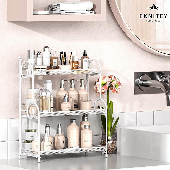 EKNITEY 3-Tier Bathroom Organizer - Sink Organizer Spice Rack(No Assembly) | for Bathroom Kitchen Bedroom Countertop Storage, Sturdy Metal Frame, Easy to Clean, Space-saving, Foldable, White - Image 4