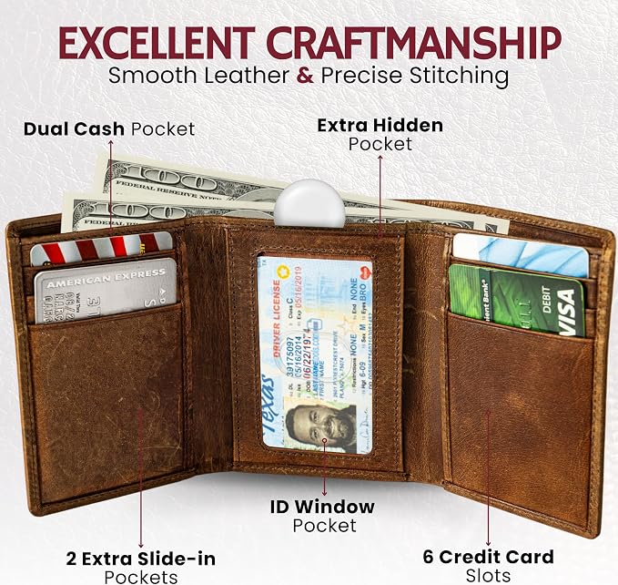 BULL GUARD Men’s RFID Trifold Leather Wallet with ID Window, Crafted from Durable Oil Tan Leather with Strong Stitching, Stylish, Secure Wallet for Work, Sport, Travel, Outdoors, Embossed Eagle Emblem - Image 6