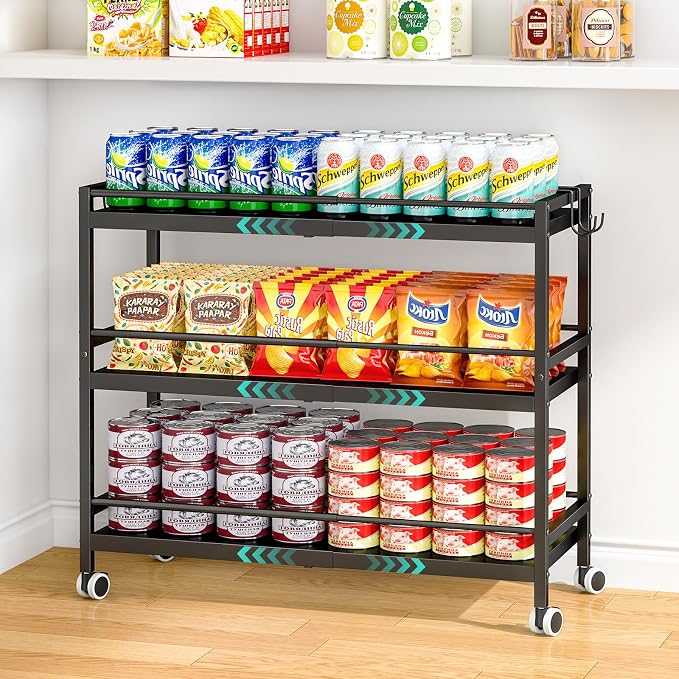 3-Tier Expandable Rolling Pantry Organizers and Storage Cart with Wheels, Adjustable Pantry Floor Organizer, Snack Cart for Pantry, Kitchen Storage Cart with 4 Hooks for Snack, Food, Vegetables, Black by 3IngSeagulls