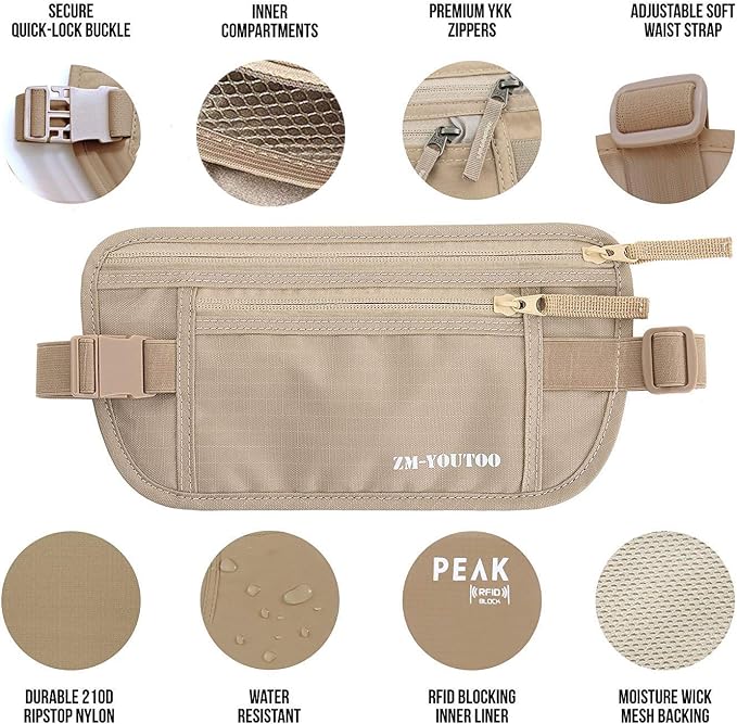 ZM-YOUTOO Money Belt for Travel - Hidden Travel Pouch Protect Your Credit and Money With RFID Blocking Passport Holder Waist Wallet (Khaki) - Image 3