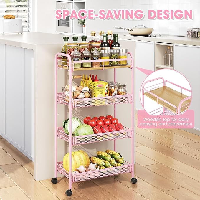 TOOLF 4-Tier Rolling Cart, Metal Utility Cart, Slide Out Storage Cart with Wooden Tabletop and Mesh Baskets, Easy Assemble Trolley for Kitchen Bathroom Laundry Room Bedroom Apartments Dormitory - Image 4