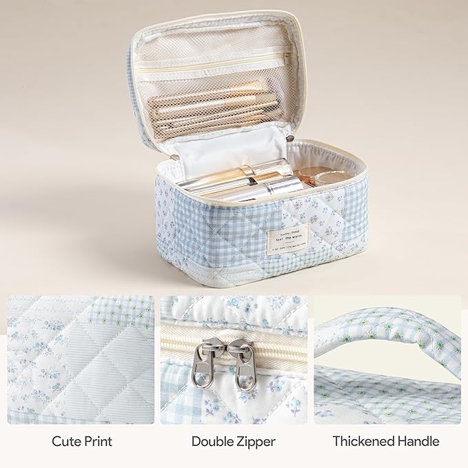 HBselect Quilted Makeup Bag, 3Pcs Cotton Large Travel Makeup Bags Organizer | Cute Floral Make up Bag Cosmetic Bag Toiletry Bag for Women Girls, Makeup Pouch for Skincare, Brushes & Travel Essentials - Image 2