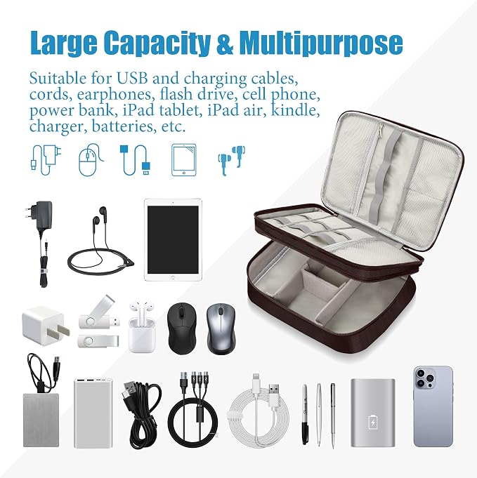 SELLYFELLY Electronics Travel Organizer, Double Layer Cable Organizer Bag Watreproof Electronics Accessories Storage Bag for Cord, Charger, Phone, Power Bank, Kindle, Hard Drive - Image 6