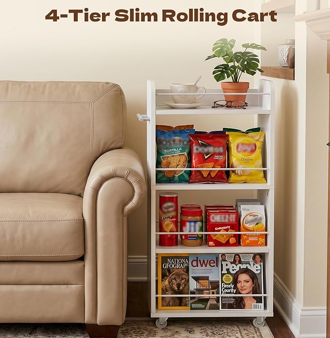 Slim Rolling Storage Cart,4 Tier White Rolling Utility Cart Slide Out Rack | Narrow Spice Rack Organizer Trolley for Kitchen Bathroom Larundry Small Corner 7.7inch wide - Image 5