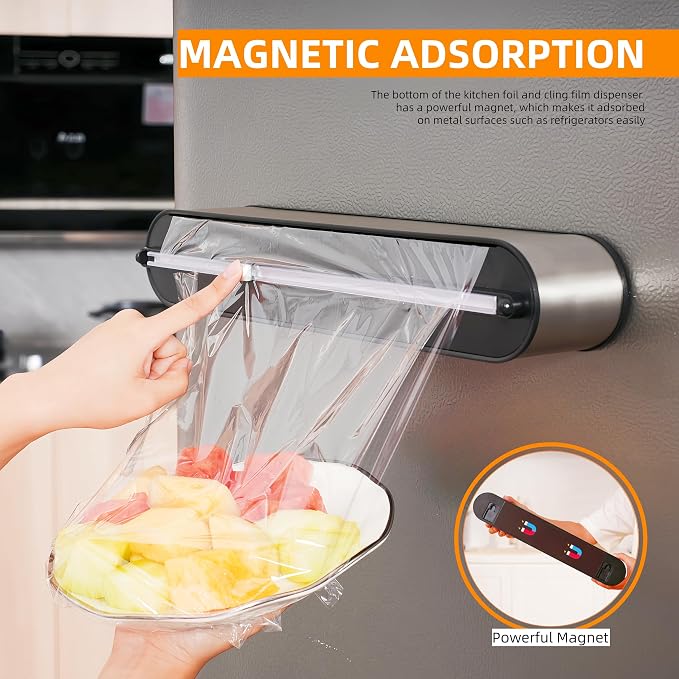 Aluminum Foil & Plastic Wrap Dispenser with Cutter - Magnetic & No-Drill Wall Mount, Stainless Steel Design, Space-Saving Kitchen organizer for Countertops & Cabinets - Fits 12" Rolls, Silver - Image 3