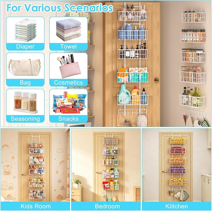 Hongtamoya Over The Door Organizer, Hanging Door Organizer with 5 Metal Baskets, Behind The Door Storage for Pantry Closet Bedroom Bathroom Cabinet Kitchen, White - Image 7