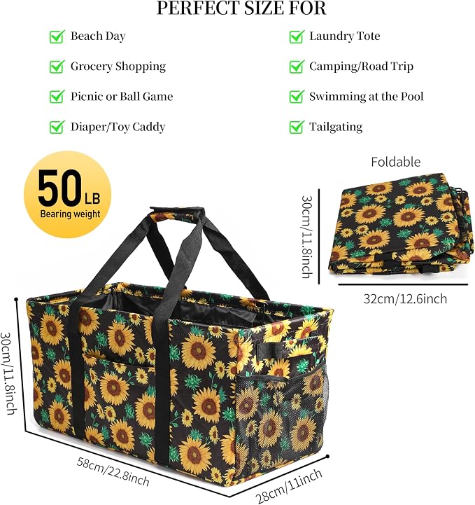 Joyfol Day Extra Large Utility Tote Bag, Reusable Grocery Bags Foldable, Upgraded Metal Frame, With Sturdy Handles Reinforced Bottom Heavy Duty Oxford Fabric Moving Shopping Bags, Sunflower - Image 3