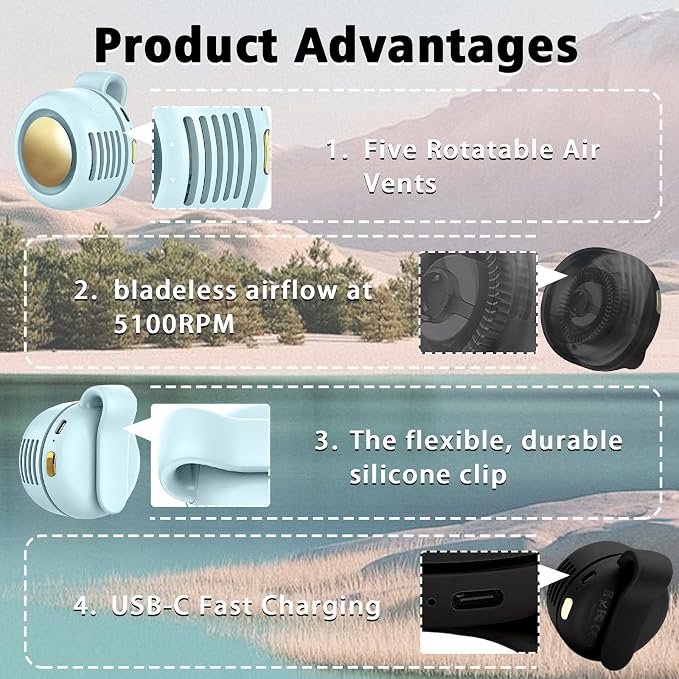 Portable Clip-On Fan, Mini USB Rechargeable 360° Rotatable Fan, Personal Fan 3-Speed Silent Mini Bladeless Fans (2 pack（Black and Blue）) - Image 3