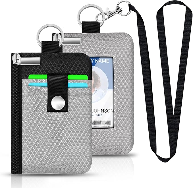Minimalist RFID Blocking Small Wallet with ID Window,WaterResistant Zip Id Case Wallet with Lanyard Keychain for Cards,Cash,Travel,Women,Men (Light gray/Black) - Image 6