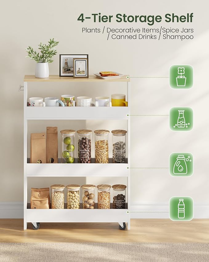 Slim Storage Cart with Wheels, 5.5" Narrow 4-Tier Rolling Cart, Multi-Purpose Utility Cart for Kitchen, Bathroom, Laundry Room, Living Room, White and Natural MTC02WN - Image 6