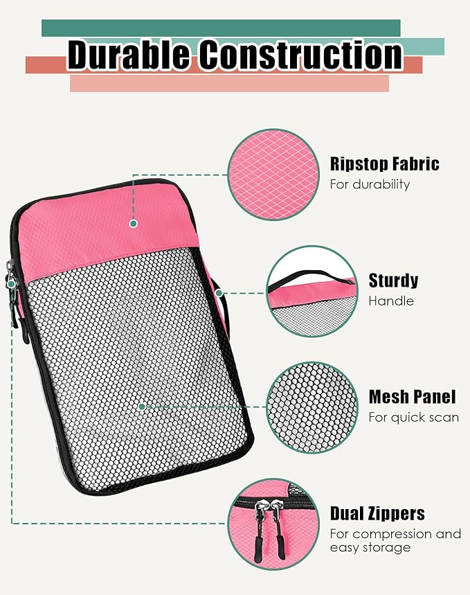 WTREE 4-Piece Packing Cubes Travel Accessories Set for Suitcases - Luggage Organizer Bags with Double Zipper - Mesh Top - Small/Medium/Large/Slim - Pink - Image 6