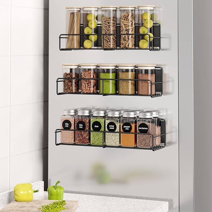 Mystozer 3 Pack Magnetic Spice Rack Organizer,Space Saver for Refrigerator and Whiteboard, Metal Fridge Shelf for Kitchen,Laundry Room,Barbecue Grill,Coffee Maker,Microwave Home Organization(Black) by Mystozer