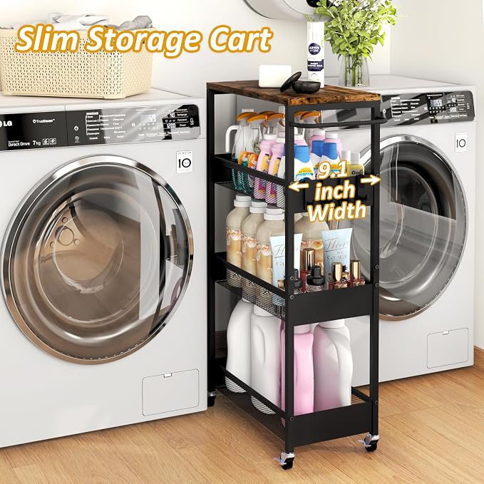 Vincona 9.1" Wide Slim Rolling Utility Cart, 4 Tier Metal Narrow Storage Cart with Handle and Wood Top, Multifunctional Small Mobile Shelf Unit Organizer Trolley for Laundry, Bathroom, Kitchen - Image 2