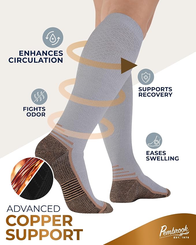Pembrook 3 Pairs Copper Mens Compression Socks 20-30 mmHg, Running, Hiking, Athletic Cycling, Travel | Circulation Support - Image 2