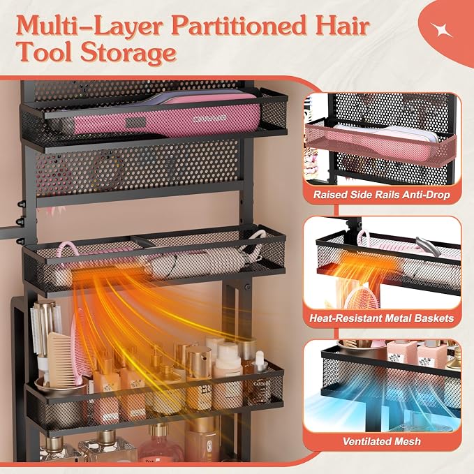 VINAEMO Hair Tool Organizer Cart, Slim Rolling Hair Dryer Holder for Vanity Bathroom Salon, Hot Tool Storage Cart with Heat Resistant Basket for Curling Flat Iron, Blow Dryer Care & Styling Tools - Image 3