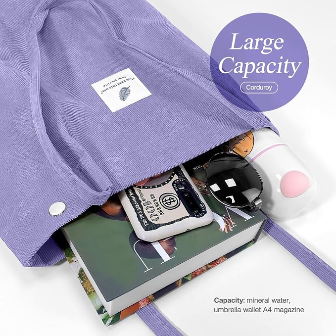 LHMTQVK Corduroy Tote Bags for Women, Large Capacity Tote Purse Reusable Grocery Shoulder Bag with Inner Pockets - Image 4