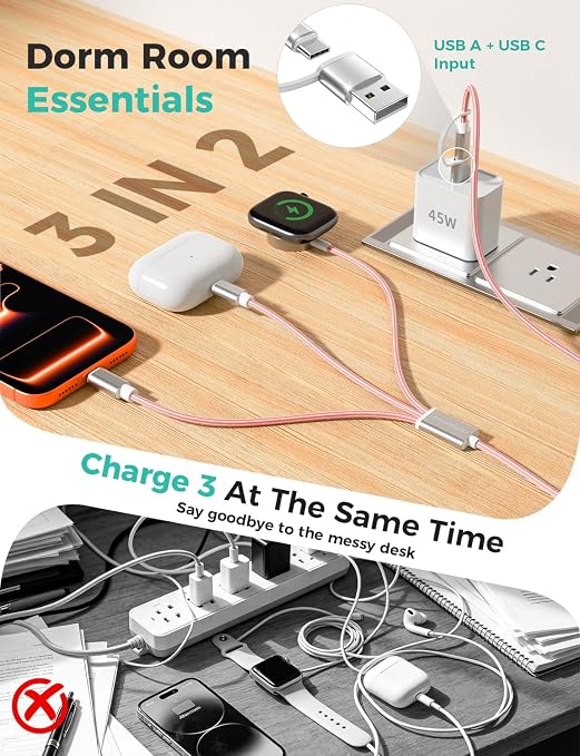 2Pack Travel Essentials for Apple Watch Charger,Cruise Vacation Camping Essentials,iPhone Charger,Multi Charging Cable,3 in 2 Charging Docks for iWatch Series 11-2/Ultra,iPhone 17-12,Car,Pink - Image 2