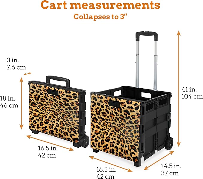 Inspired Living Ultra-Slim Rolling Collapsible Storage Pack-N-Roll Utility-carts, with Telescopic Handle, for Home, Garden, Shopping, Office, School use, Large, Leopard - Image 2