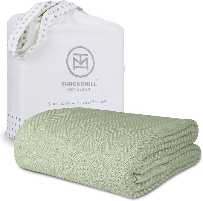 Threadmill Cotton Queen Blanket, Herringbone, Sage Green, Machine Washable | 100% Cotton, Herringbone Pattern, 90x92 in, Breathable, All-Season, OEKO-TEX Certified, Machine Washable by ThreadmillHomeLinen