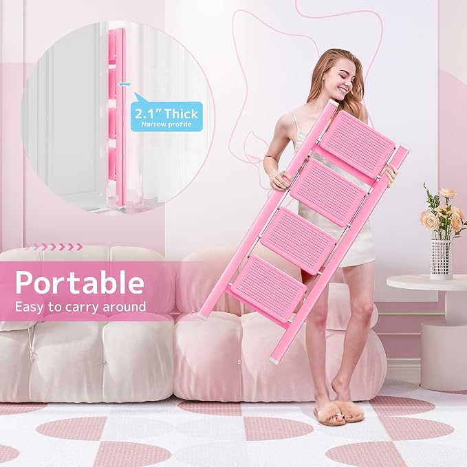 4 Step Ladder, Foldable Step Stool with Widened Pedal, Pink | Sturdy Carbon Steel, Anti-Slip Feet, Portable, 330LBS Capacity, Space Saving, for Kitchen, Bedroom, Pantry Use - Image 6