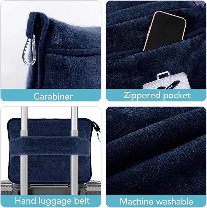 Travel Pillow and Blanket 2-in-1 Set, Navy Blue, 60x50 Inch | Plane Packable , Soft Warm and Lightweight Flannel, Hand Luggage Sleeve and Backpack Clip, Plane Flight Car Trips - Image 7